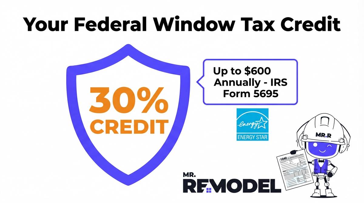 A tax credit infographic explaining the 30% federal energy tax credit (up to $600) available for homeowners installing ENERGY STAR windows in 2026.